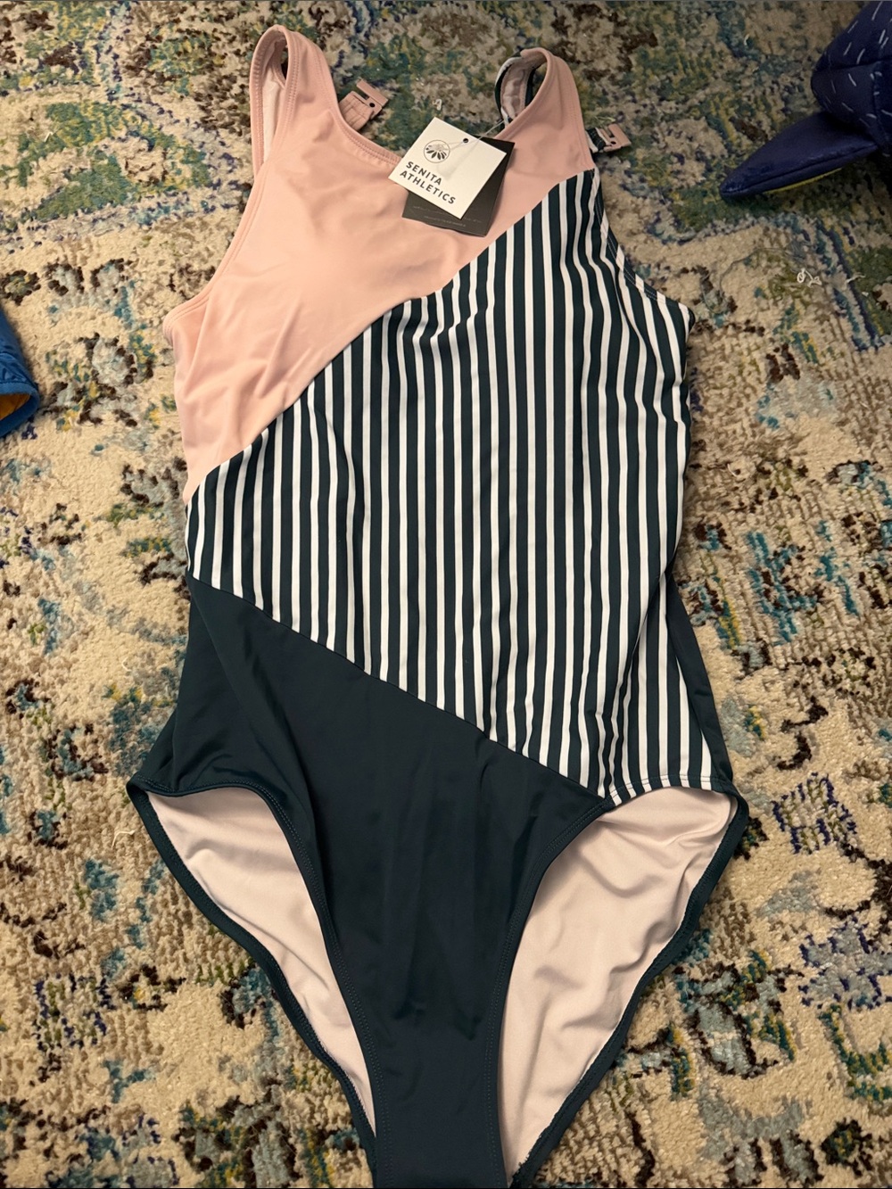 Senita Athletics One-Piece Swimsuit in Blush Pink and Dark Teal with Stripes